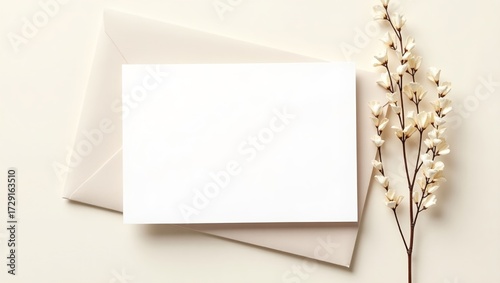 Greeting card mockup with envelope and floral decoration on soft beige background