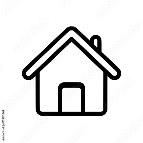 Simple black and white house icon with a chimney and a door in a minimalist line art style design