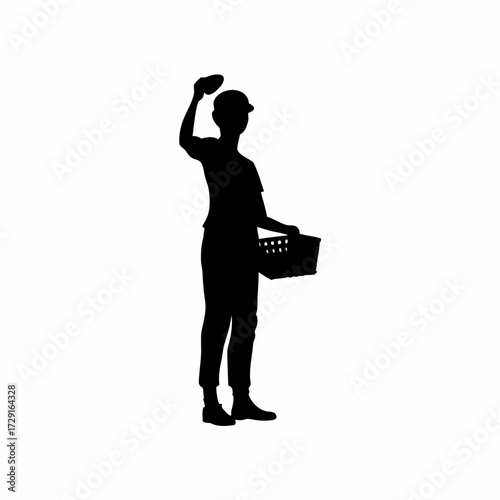 Silhouette of worker placing eggs into basket isolated on white background