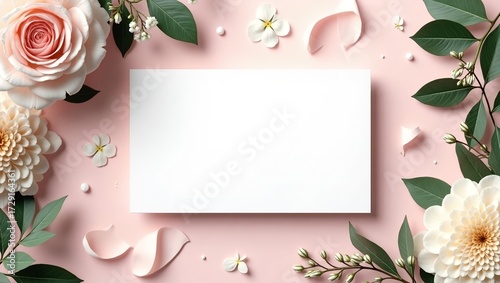 Greeting Card Surrounded by Roses and White Blossoms on Pink Background