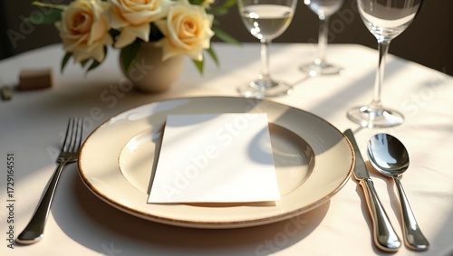 Wedding Table Setting with Blank Menu Card and Roses