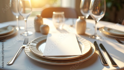 Romantic Sunset Dinner Table with Blank Menu Card Mockup