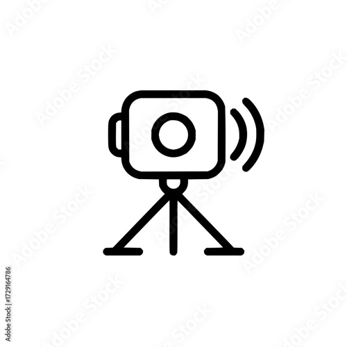 A simple line drawing of a video camera on a tripod with wifi signal emanating from the camera body