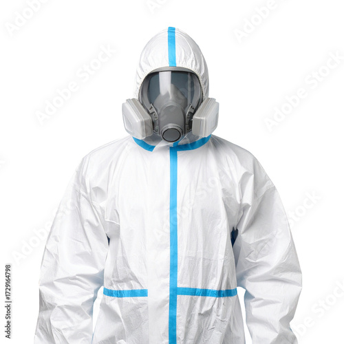 Person in White Protective Hazmat Suit and Full-Face Respirator Mask Isolated on Black Background