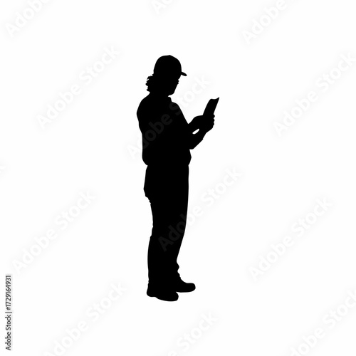 Silhouette of a farm worker recording poultry health notes isolated on white background