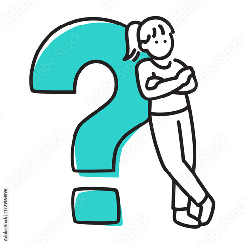 Woman is leaning on question mark