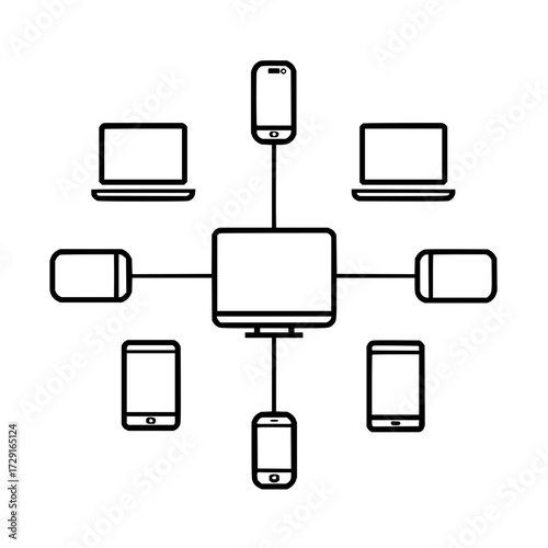 Black and white network diagram showing a central computer connected to multiple devices including phones and laptops