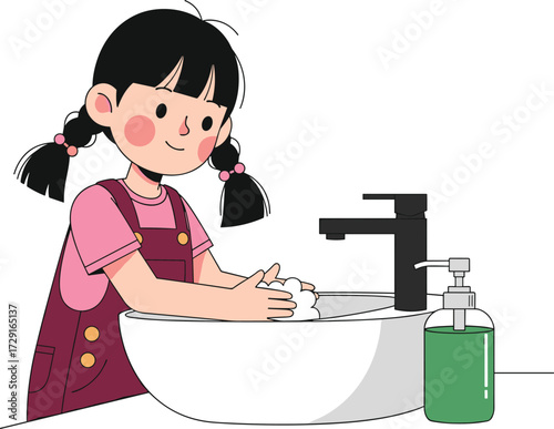 Cartoon girl washing hands with soap, child hygiene illustration, sink and faucet drawing, handwashing habit for health, cleanliness education concept