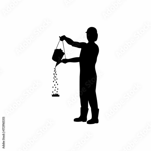 Silhouette of worker pouring water into poultry drinker isolated on white background