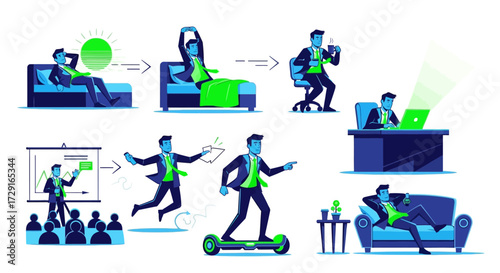 Daily Activities of Businessman Character – Two Tone Fluorescent Color on White Background – Vector Illustration