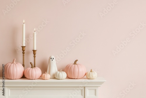 Pink Halloween Pumpkins and Ghost Figurine with Candles on Mantel