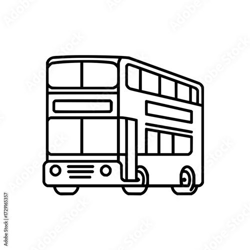 Outline drawing of a double decker bus with visible windows headlights and wheels in a simple design