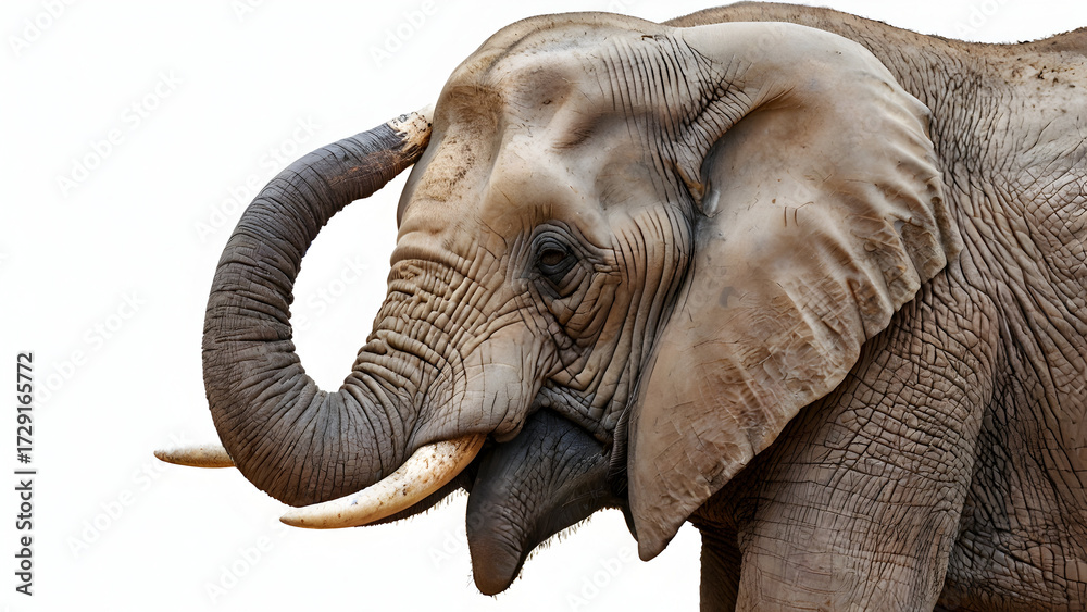 Obraz premium Majestic african elephant side profile with tusks and curled trunk isolated on white background
