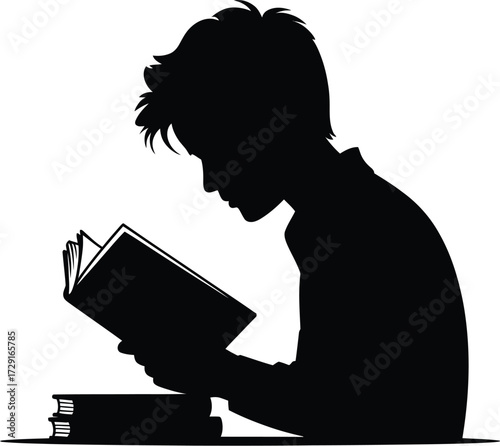 Young person reading book silhouette vector