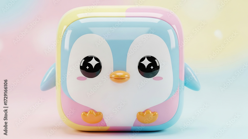 Obraz premium Sweet pastel cubic penguin character with sparkling eyes for joyful modern designs
