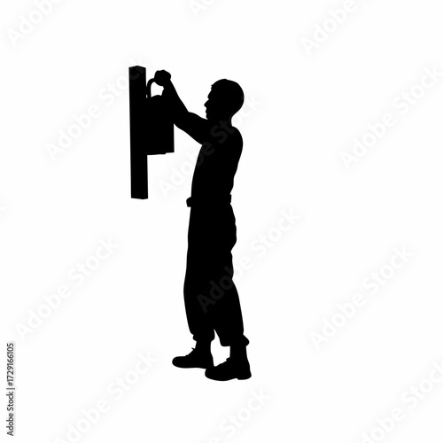 Silhouette of worker securing chicken shed with lock isolated on white background