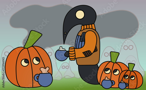 A dark gothic bird figure, dressed in an orange patch sweater, holding a steaming mug with coffee, surrounded by pumpkins and ghosts. Halloween vector drawing. 