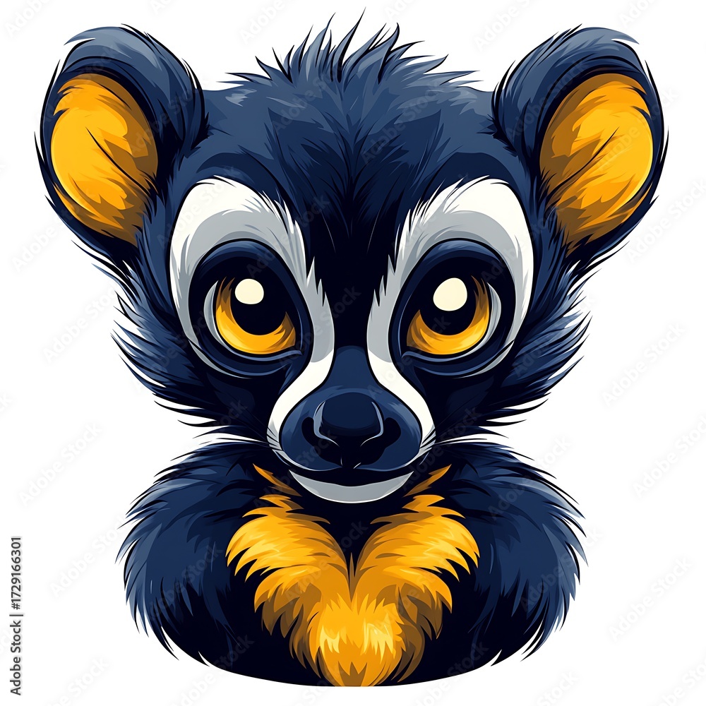 Fototapeta premium Adorable Cartoon Lemur Portrait with Big Eyes on photo White animal face
