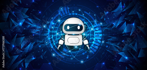 Artificial intelligence robot. Modern technology. Intelligent assistant robot of the future world. Chatbot mascot on a blue background.	