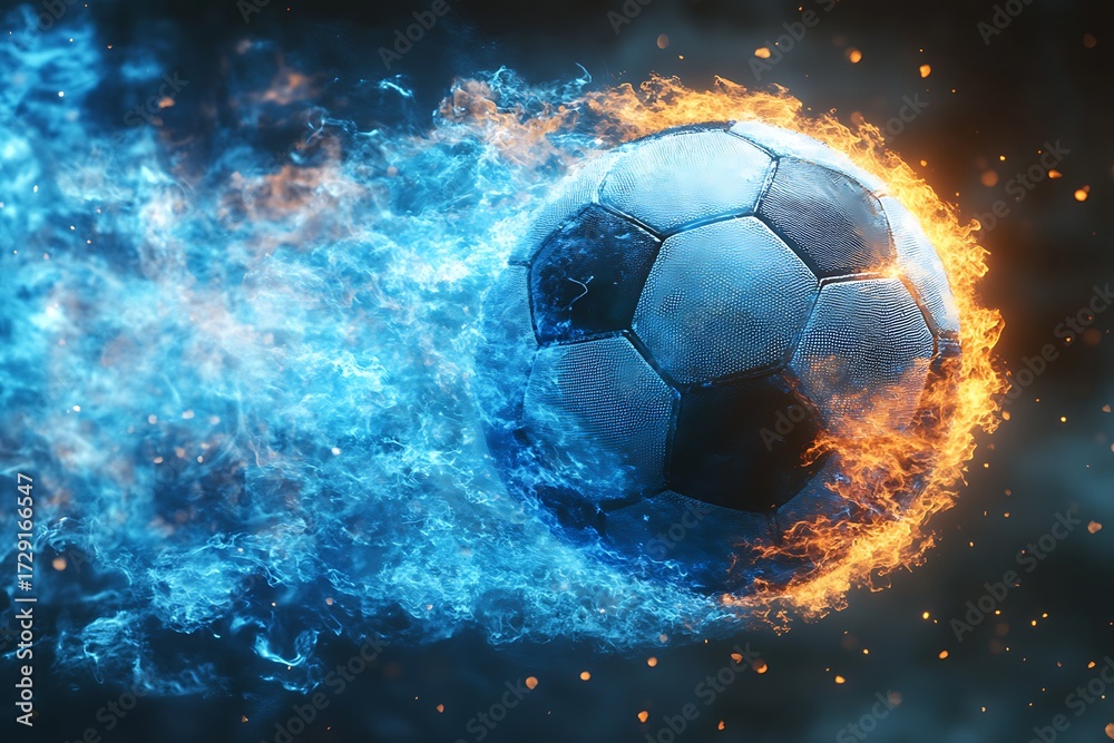 Naklejka premium Blazing soccer ball speeds through the air with dynamic flames and energy trails in a modern sports design