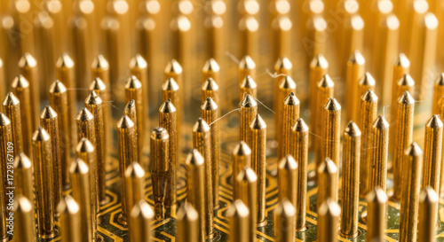 A Detailed Close Up of Gold Plated Pins on a Computer Processor Illustrating the Intricate Engineering and Precision Manufacturing of Modern Technology Components