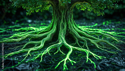 Tree Roots with Neon Green Energy Lines