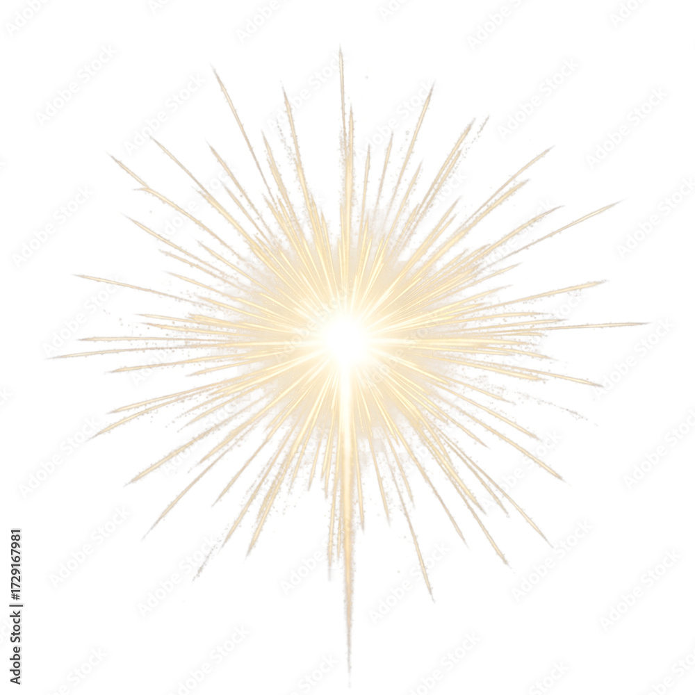 Obraz premium A bright, golden starburst or sun flare effect with radiating lines on a clean transparent background