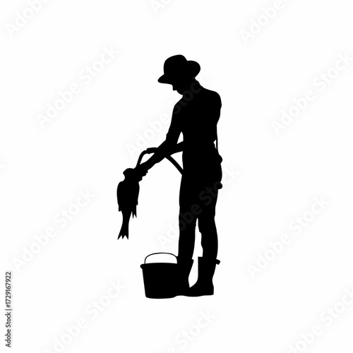 Silhouette of a worker washing hands after handling birds isolated on white background