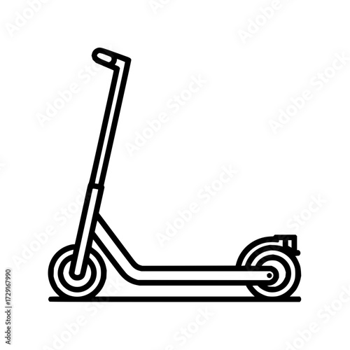 Illustration of a black outline scooter with two wheels and a handlebar on a white background image