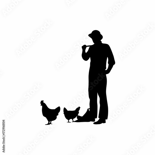 Silhouette of farmer tending to free range chickens isolated on white background