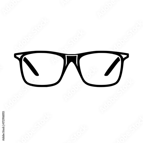 Illustration of black framed glasses with rectangular lenses and a bridge on a white background design