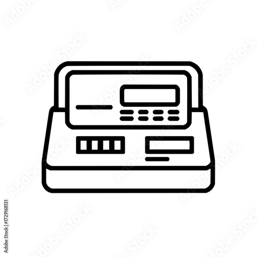 Illustration showing a point of sale terminal with a display screen and button interface in black outline
