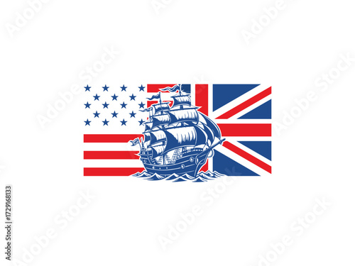 Ship sails amidst split flag