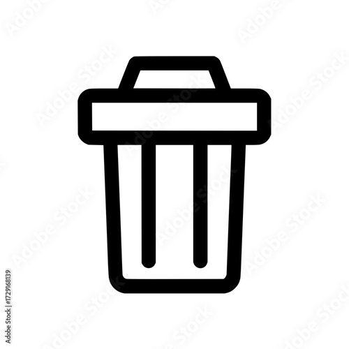 A simple black and white icon of a trash can with a lid, depicted in a minimalist outline style design
