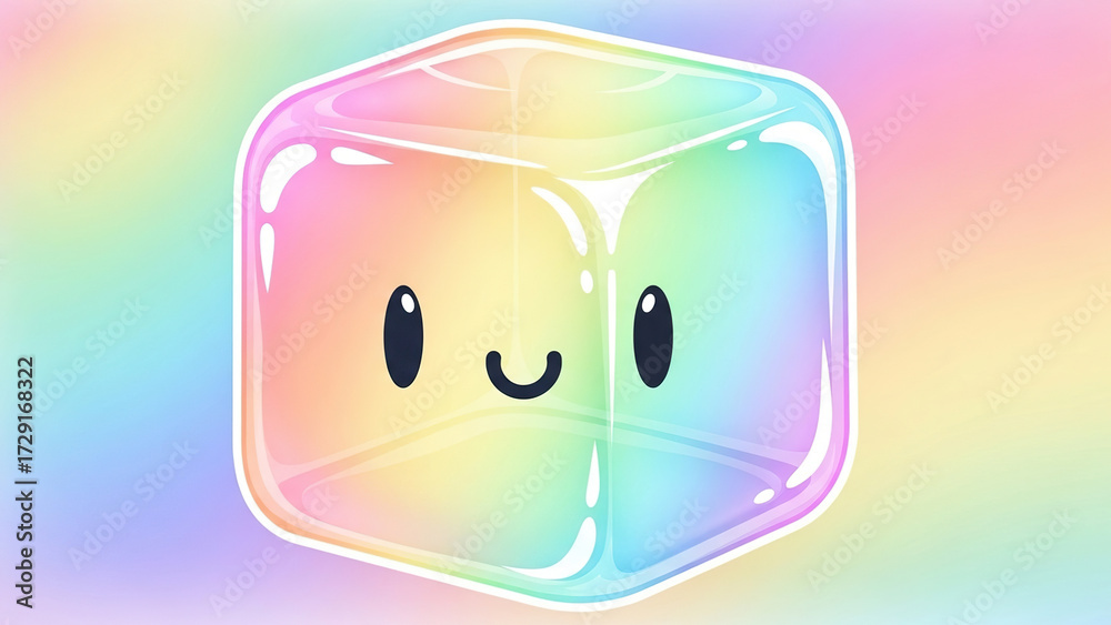 Fototapeta premium Vibrant happy ice cube character shines with glossy pastel rainbow colors