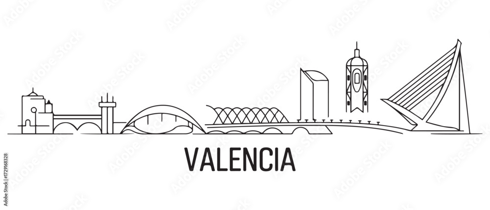 Obraz premium Valencia Line Art skyline banner. Valencia, Spain. with white background