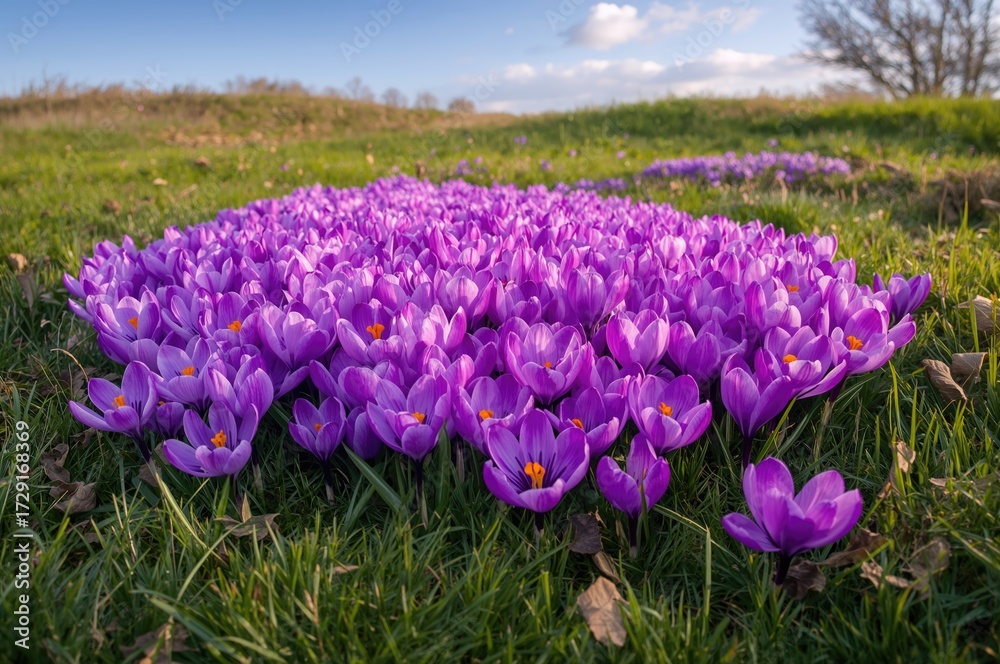 Naklejka premium A field blossoms with numerous purple crocuses, each featuring a yellow center.
