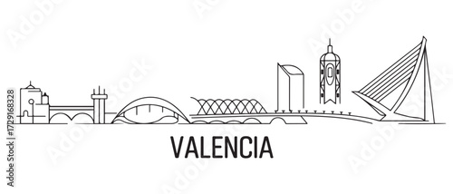 Valencia Line Art skyline banner. Valencia, Spain. with white background