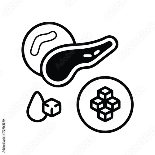 Outline illustration of the left half of a pancreas with sugar crystals