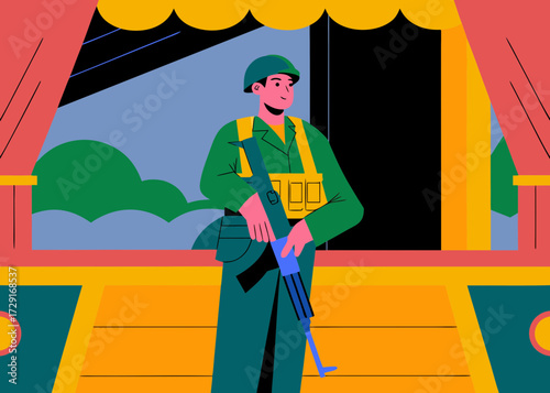 Colorful illustration of a soldier in green uniform standing confidently with a rifle, showcasing military readiness and strength in a vibrant setting with stylized background elements