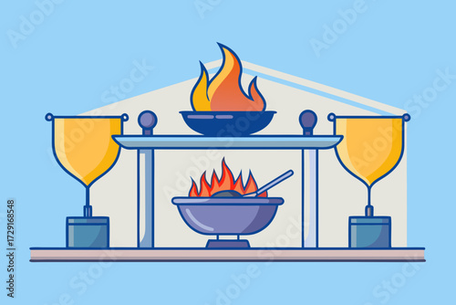 Minimalist vector illustration of a live cooking pan at a wedding reception, with flames rising, showcasing culinary excitement and celebration atmosphere
