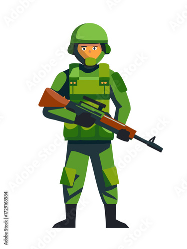 Soldier in green military uniform holding a rifle, standing confidently with a serious expression, showcasing readiness and strength in a flat illustration style