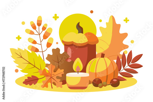 Vector autumn composition featuring a candle, pumpkin, and colorful leaves, creating a warm and inviting atmosphere for Thanksgiving celebration and seasonal decor