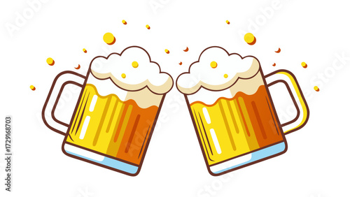Two clinking beer mugs with splashing foam in a vibrant vector illustration celebrating Oktoberfest, capturing the festive spirit of beer culture and joyful gatherings
