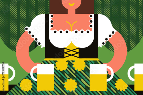 Busty waitress in traditional dirndl costume stands proudly at Oktoberfest celebration, surrounded by beer mugs and festive decorations, embodying joyful atmosphere of the event