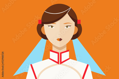Vector close-up of a bride in a minimalist satin gown featuring a Chinese qipao collar detail, isolated on a vibrant orange background with copy space for design purposes