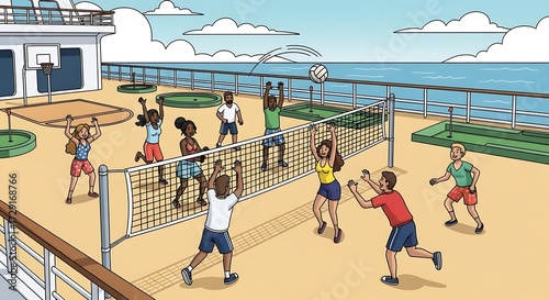 People Playing Volleyball on a Cruise Ship Deck.