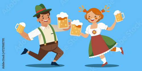 Couple in traditional Bavarian costumes joyfully dancing at Oktoberfest celebration, holding beer mugs, surrounded by festive atmosphere and vibrant colors, embodying cultural spirit and celebration