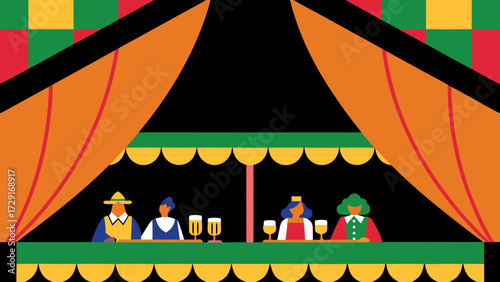 Vector illustration of vibrant Oktoberfest celebration tent featuring cheerful characters enjoying drinks, surrounded by festive decorations and lively atmosphere, perfect for festive designs