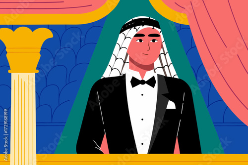 Vector illustration of groom wearing Middle Eastern keffiyeh with Western tuxedo, showcasing cultural fusion in a stylish and elegant setting with copy space